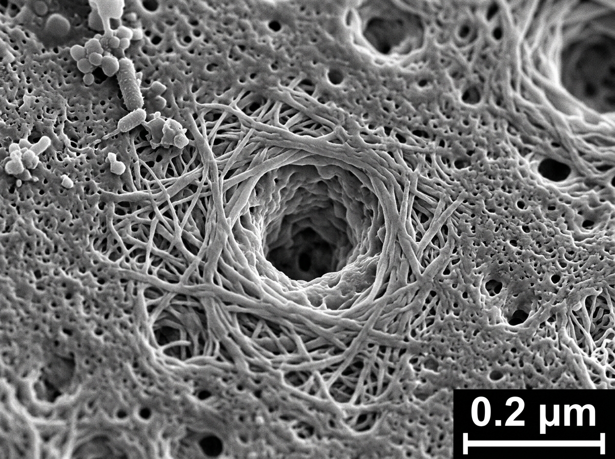 Close up of a microfilter pore showing 0.2 micron filtration - group camping water purifier