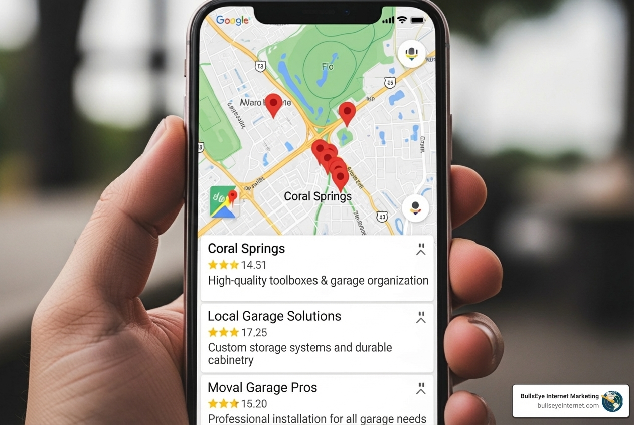 Google Maps search result for a local service in Coral Springs - SEO company Coral Springs Smartphone displaying Google Maps with Coral Springs highlighted, featuring local business listings for garage solutions and organization services, branded with BullsEye Internet Marketing logo.