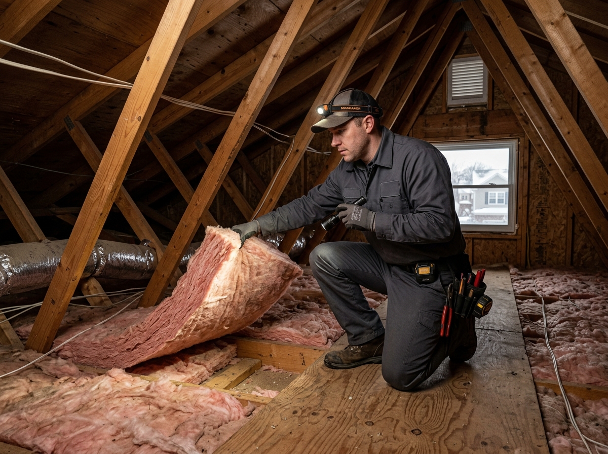 Technician inspecting thick fiberglass batt insulation in a Glenview attic to improve heat pump efficiency - air heat pump