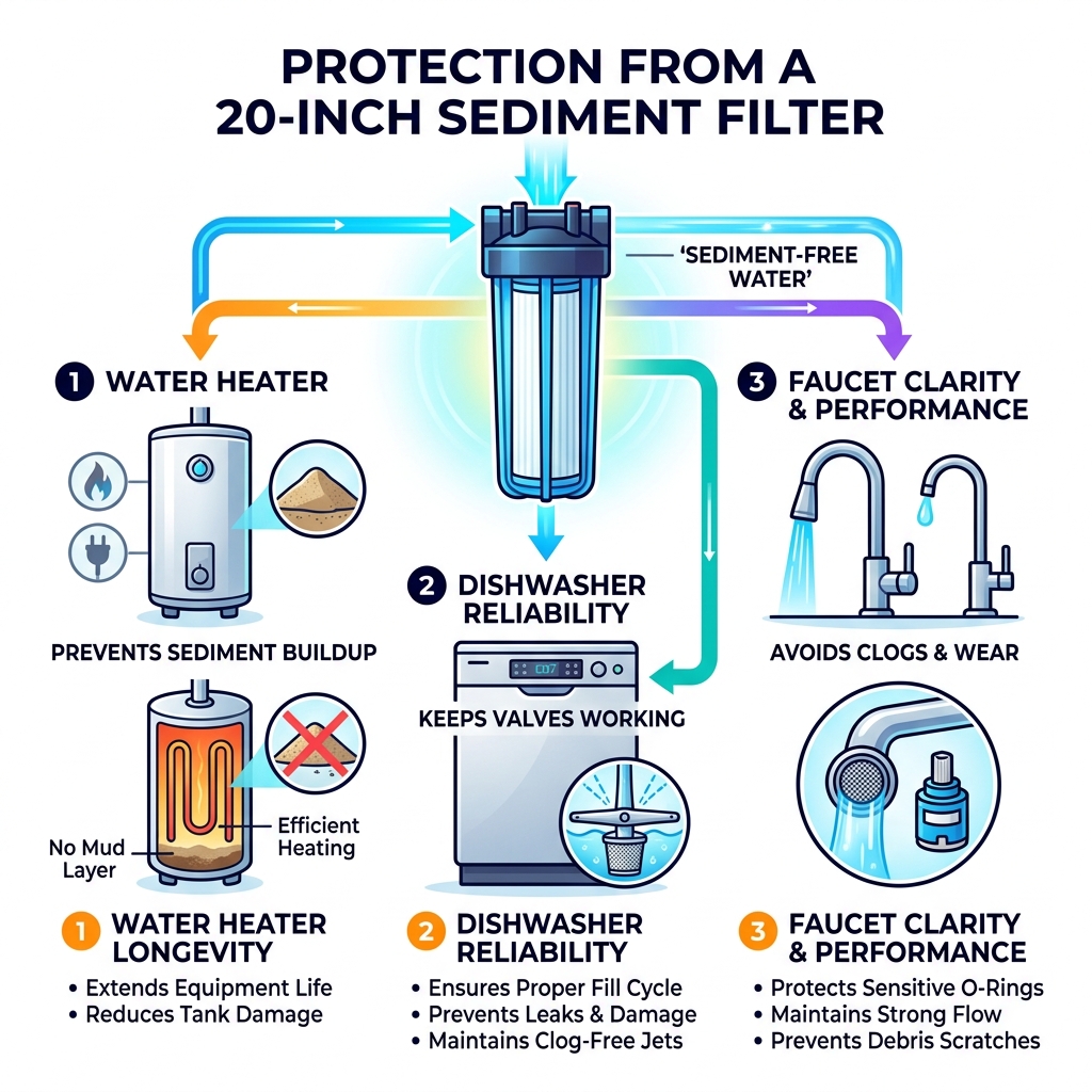 Infographic showing the protection a sediment filter provides to water heaters, dishwashers, and faucets - 20 sediment