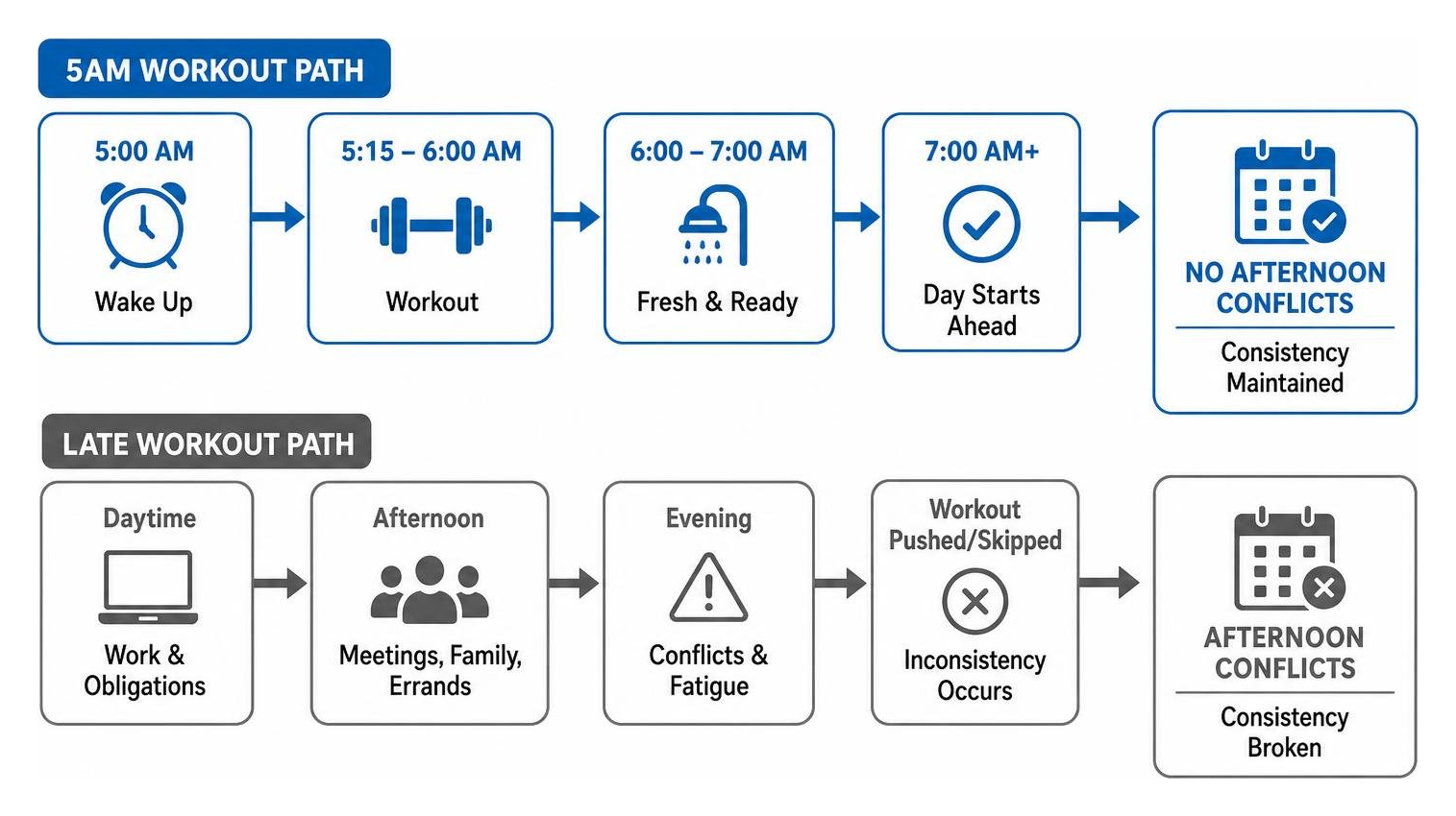 Diagram showing how a 5am workout prevents afternoon schedule conflicts and maintains consistency