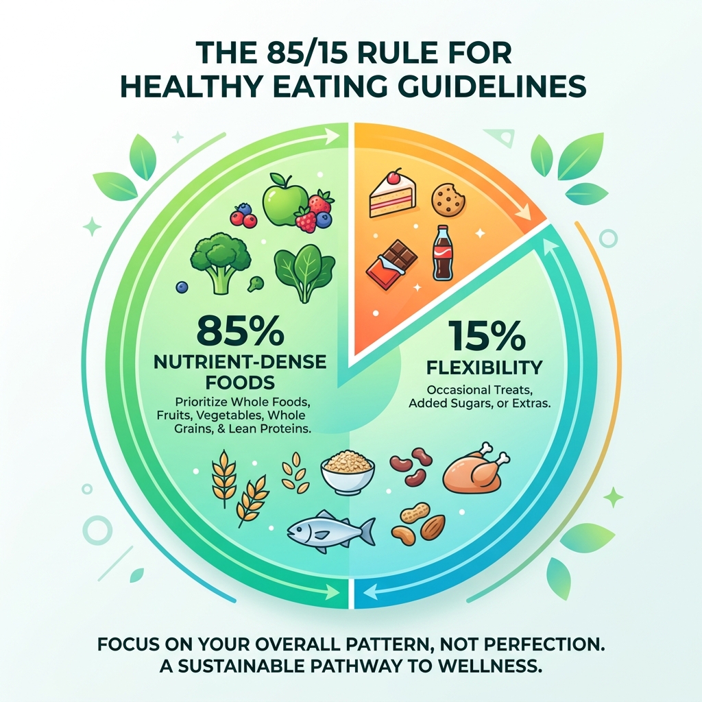 Infographic showing the 85/15 rule: 85% nutrient-dense foods, 15% flexibility for treats, added sugars, or extras - healthy Infographic showing the 85/15 rule: 85% nutrient-dense foods, 15% flexibility for treats, added sugars, or extras - healthy