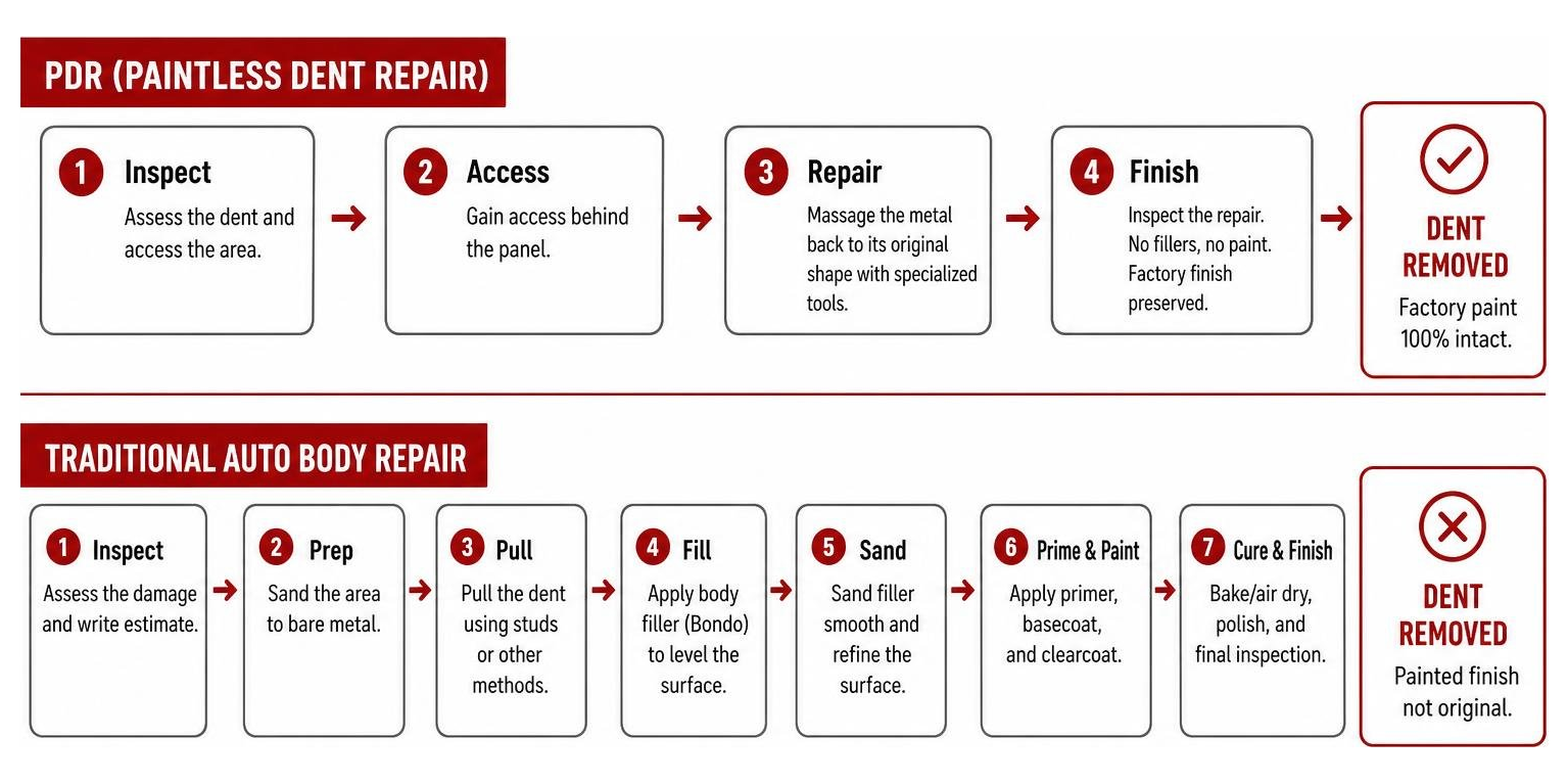 Comparison diagram showing the steps of PDR vs Traditional Auto Body Repair Comparison Diagram Showing The Steps Of Pdr Vs Traditional Auto Body Repair