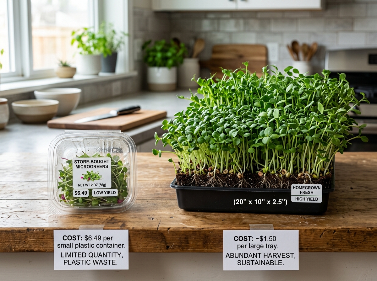 Comparing store-bought clamshell yields vs. homegrown tray yields - DIY microgreens growing setup
