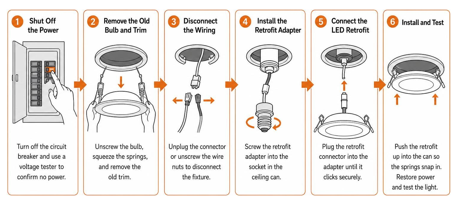 Process diagram showing the steps of a recessed lighting LED retrofit installation Process diagram showing the steps of a recessed lighting LED retrofit installation