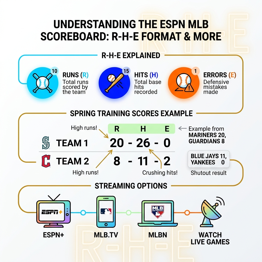 ESPN MLB scoreboard R-H-E format explained with Spring Training scores and streaming options - espn mlb scoreboard
