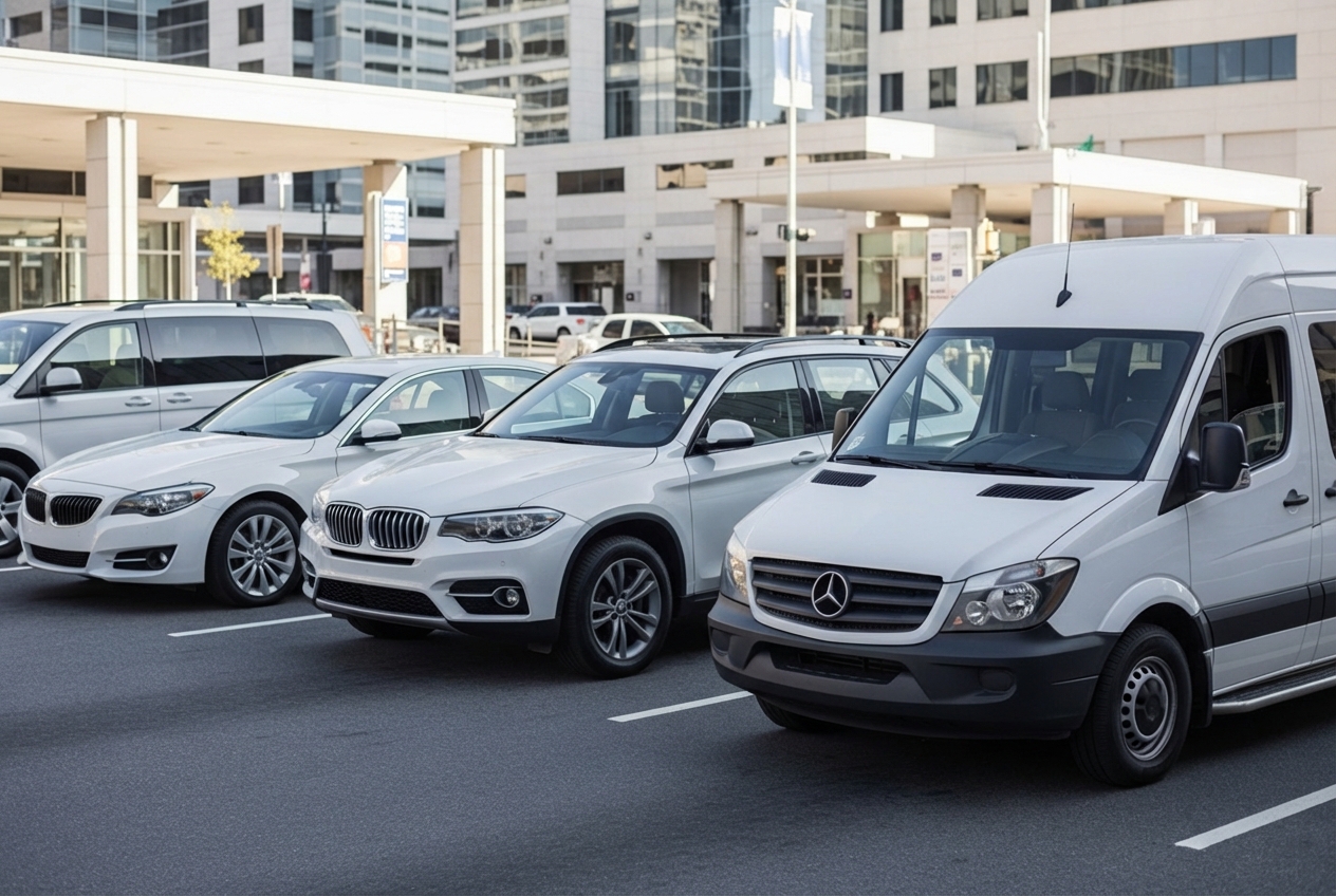 Chicago O'Hare Taxi Service Inc. vehicles: a sedan, an SUV, and an accessible van - taxi for airport drop Chicago O'Hare Taxi Service Inc. vehicles: a sedan, an SUV, and an accessible van - taxi for airport drop