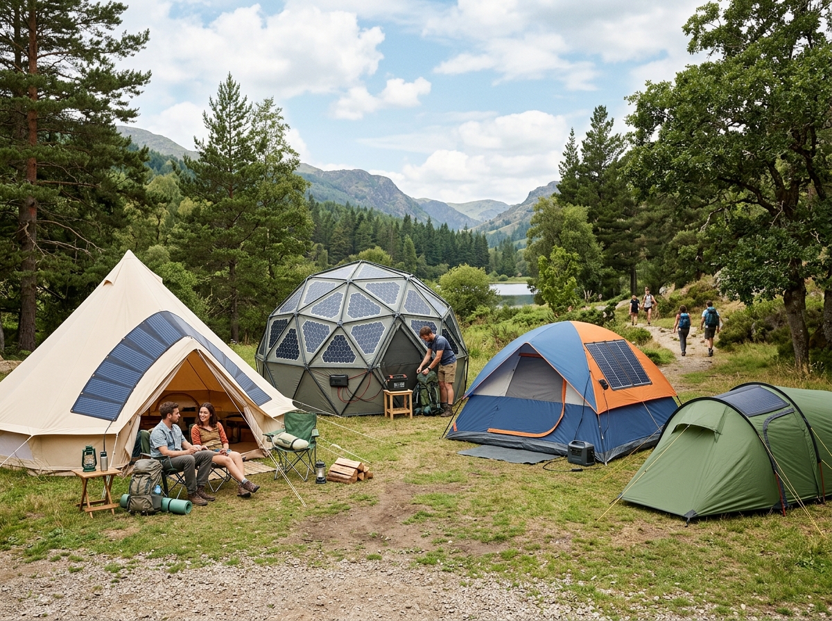 Different styles of tents with solar integration - solar camping tent