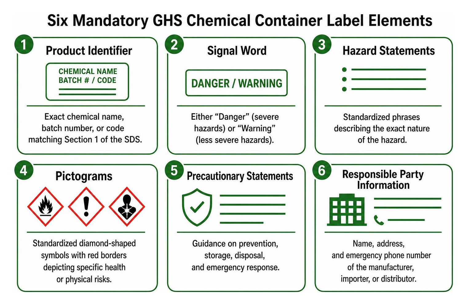 Six mandatory GHS chemical container label elements Six mandatory GHS chemical container label elements