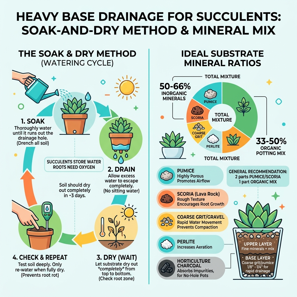 Infographic showing the Soak and Dry method steps and ideal substrate mineral ratios for succulents - heavy base drainage