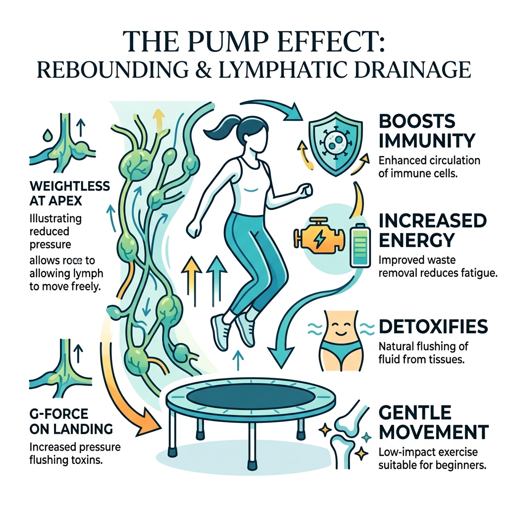 infographic on lymphatic drainage and rebounding - 10 minute beginner rebounder workout infographic 