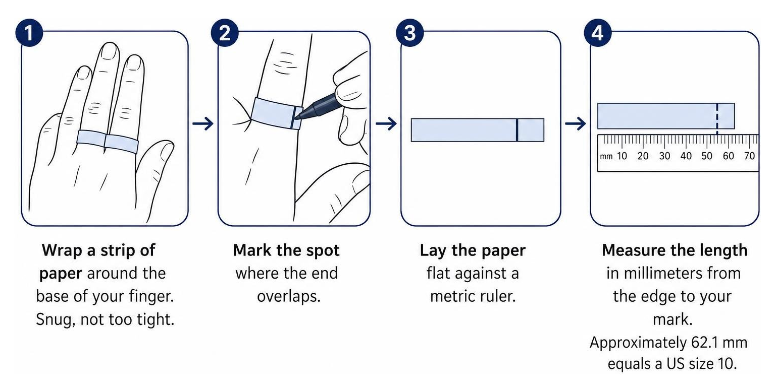 step-by-step process of wrapping paper around finger and measuring against ruler step-by-step process of wrapping paper around finger and measuring against ruler