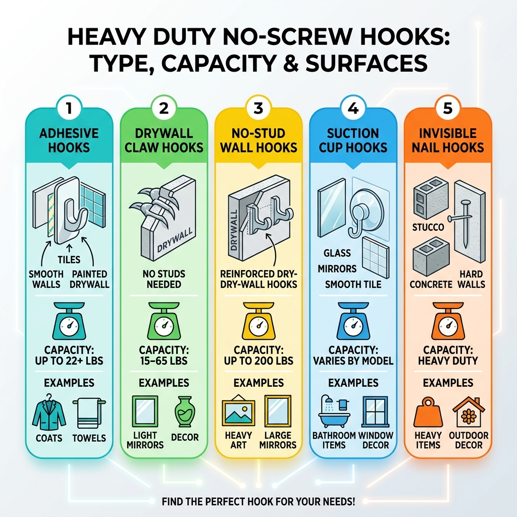 Types of no-drill hooks compared by weight capacity and surface compatibility - heavy duty hanging hooks no screws