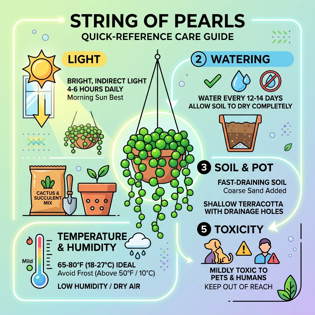 String of Pearls care infographic: light, watering, soil, temperature, and toxicity quick reference - string of pearls care String of Pearls care infographic: light, watering, soil, temperature, and toxicity quick reference - string of pearls care