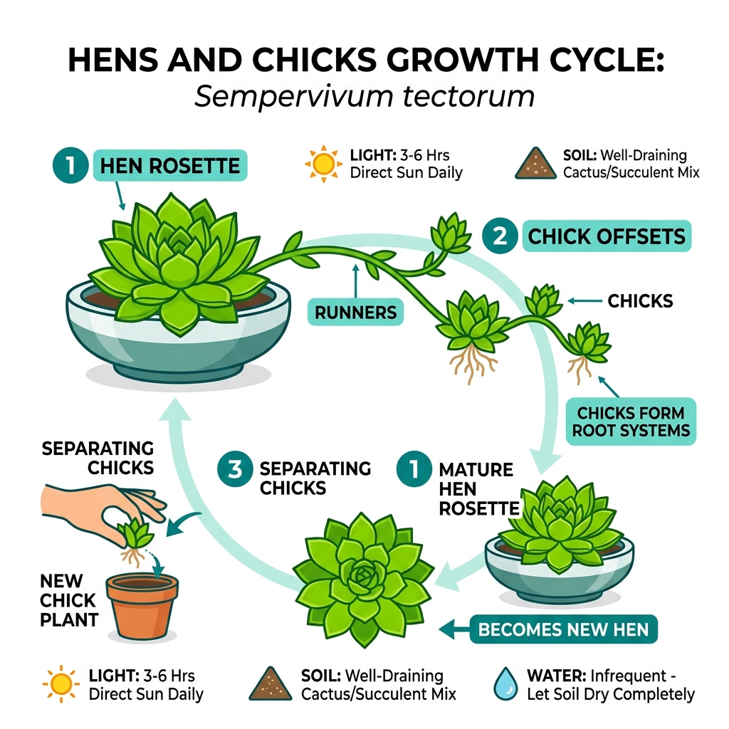 Hens and chicks growth cycle infographic showing hen rosette, runners, and chick offsets - hens and chicks indoors Hens and chicks growth cycle infographic showing hen rosette, runners, and chick offsets - hens and chicks indoors