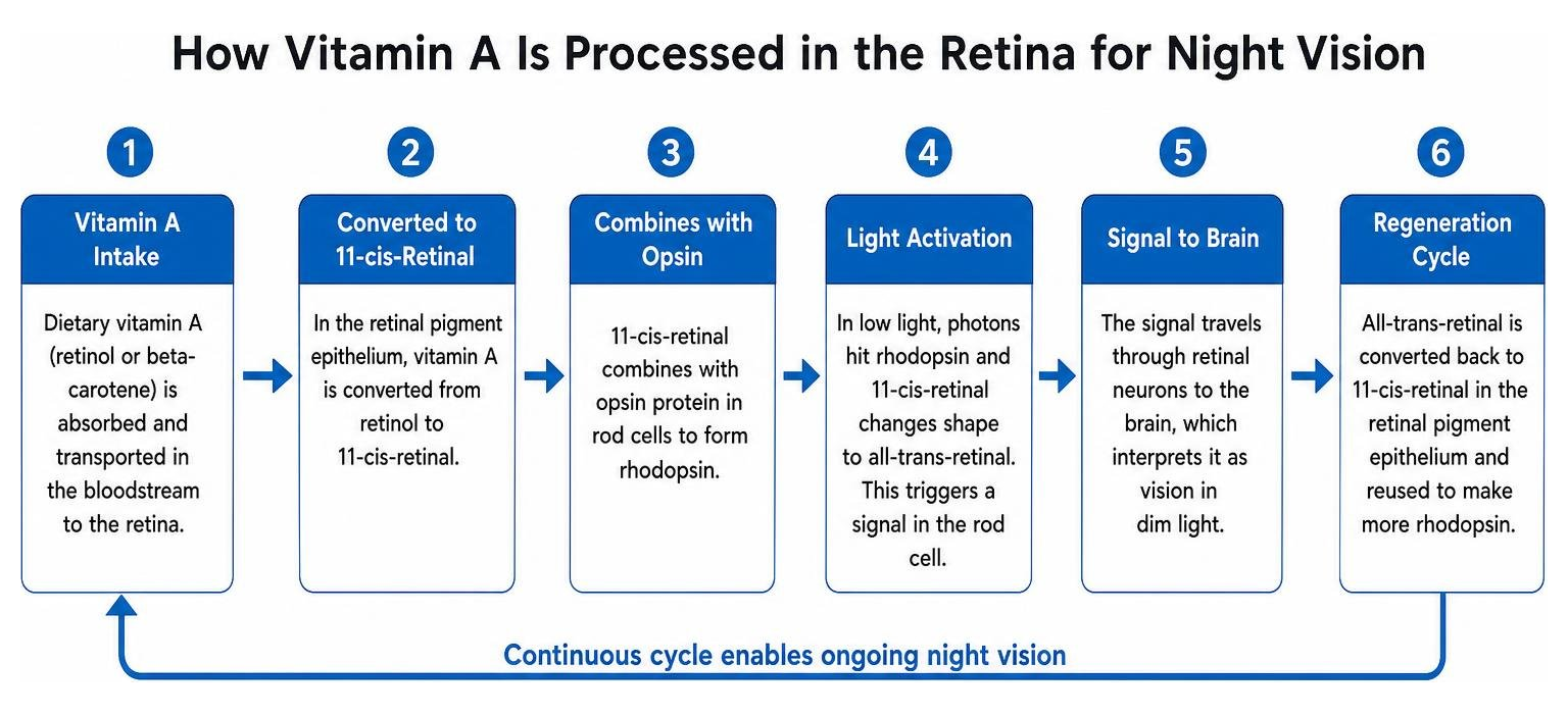 Diagram showing how vitamin A is processed in the retina for night vision Diagram showing how vitamin A is processed in the retina for night vision