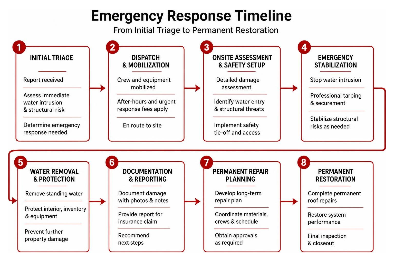 Diagram showing the emergency response timeline from initial triage to permanent restoration Diagram showing the emergency response timeline from initial triage to permanent restoration