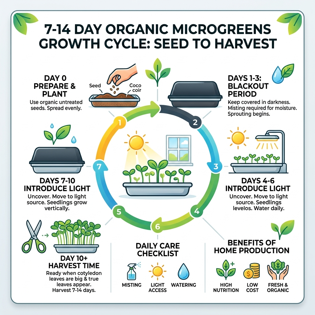 7-day to 14-day organic microgreens home production growth cycle from seed to harvest - organic microgreens home production