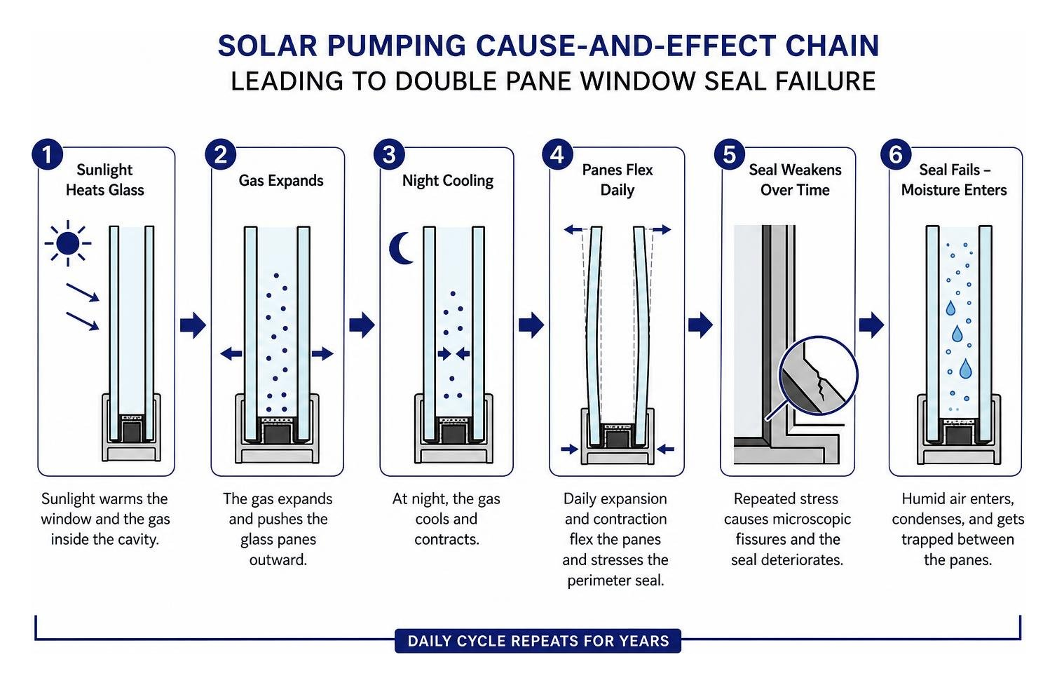 diagram showing the solar pumping cause-and-effect chain leading to double pane window seal failure