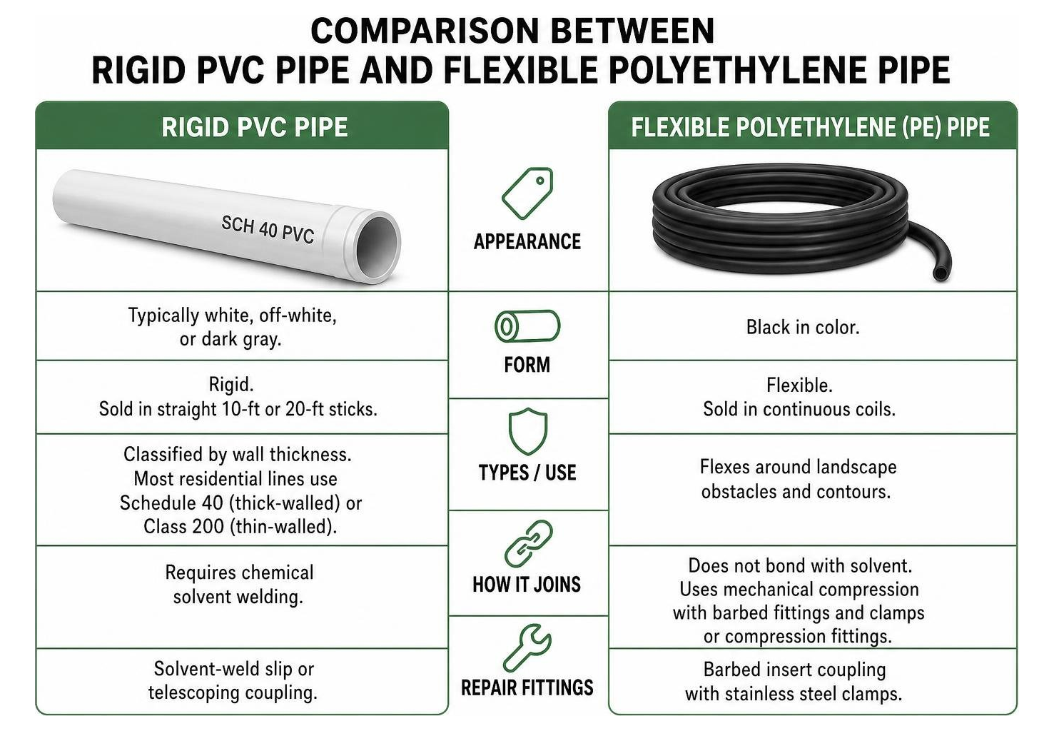 Comparison between rigid PVC pipe and flexible polyethylene pipe