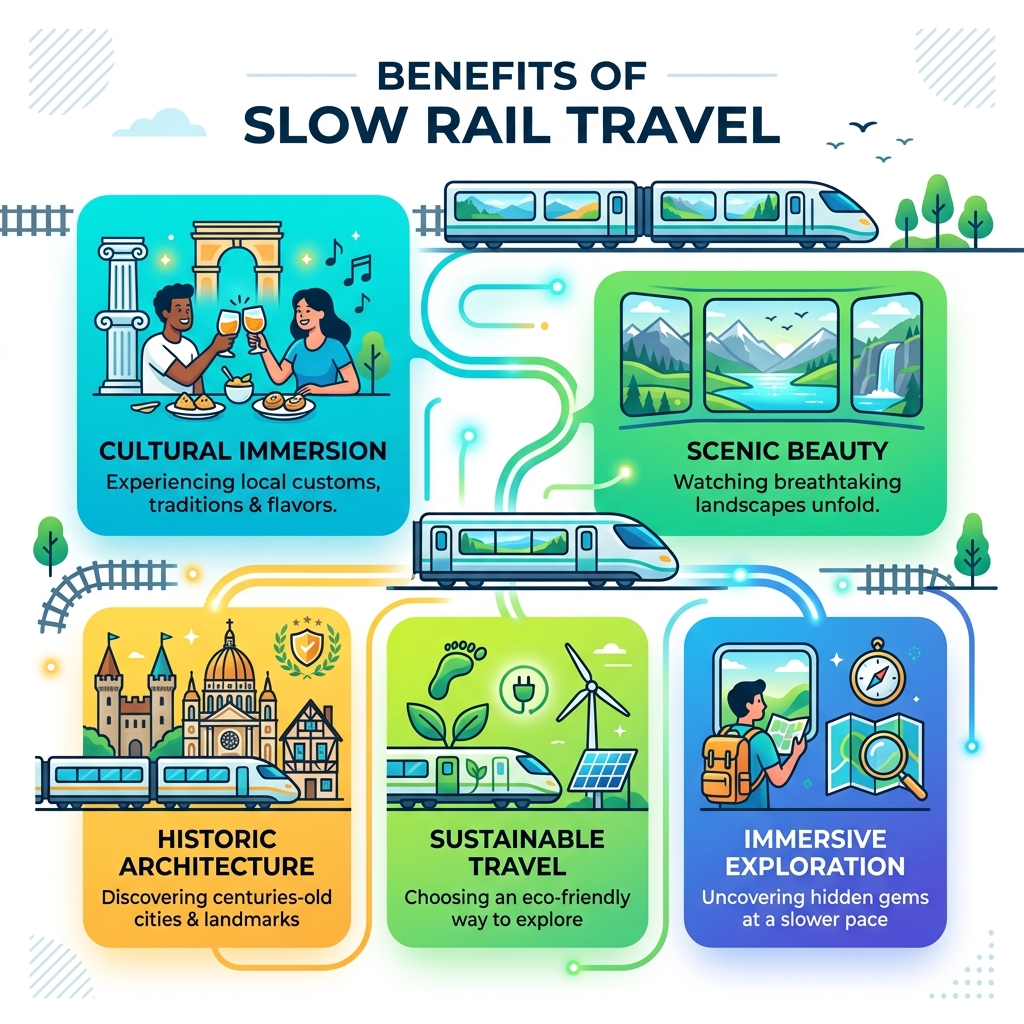 Benefits of slow rail travel: cultural immersion, scenic beauty, historic architecture, sustainable travel, immersive