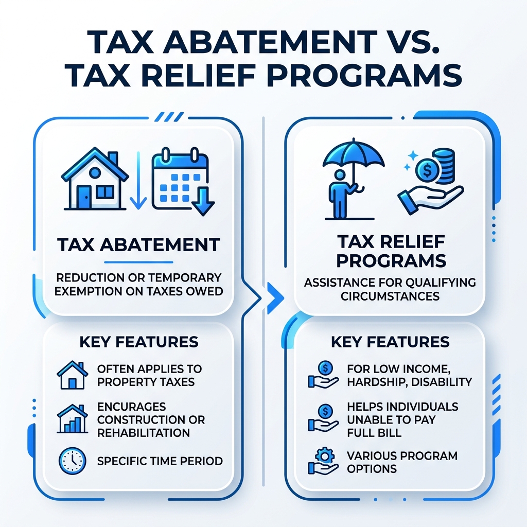 Infographic showing the difference between tax abatement and tax relief programs - tax abatement and relief office Infographic showing the difference between tax abatement and tax relief programs - tax abatement and relief office