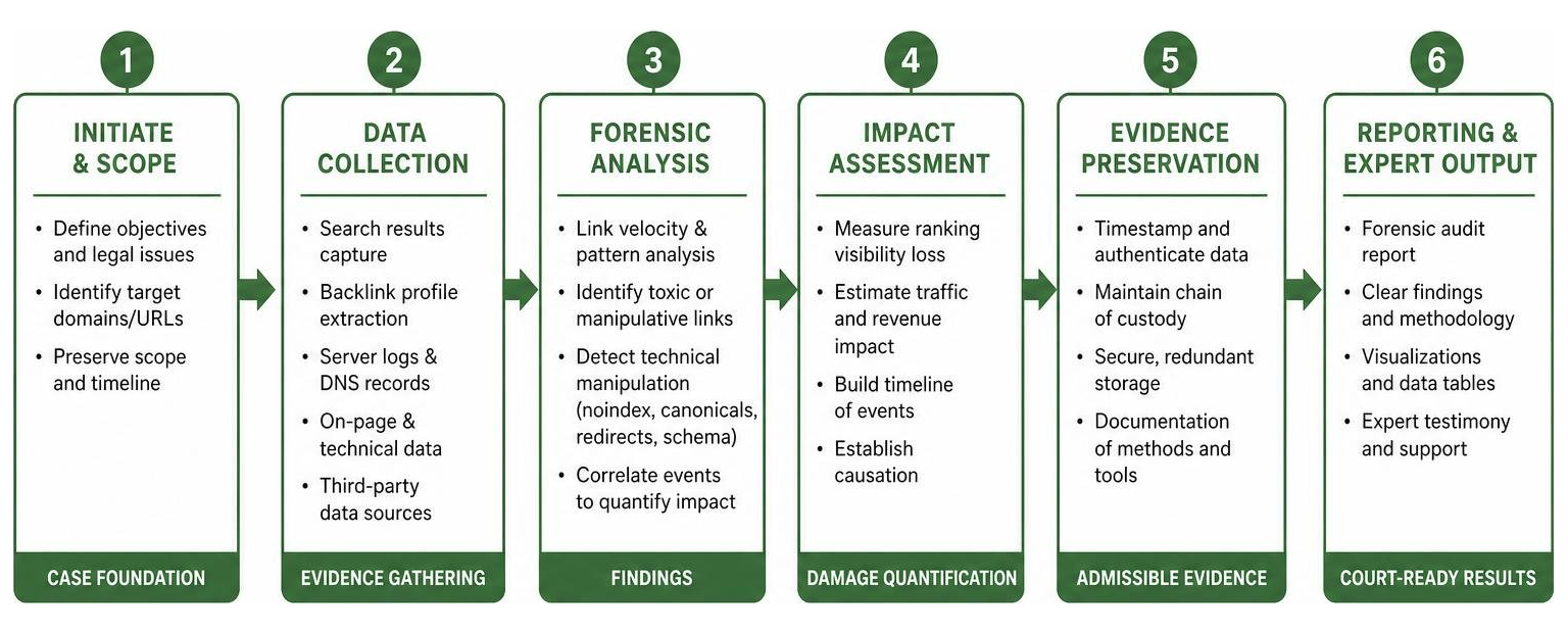 Diagram showing the technical forensic SEO audit and evidence collection process