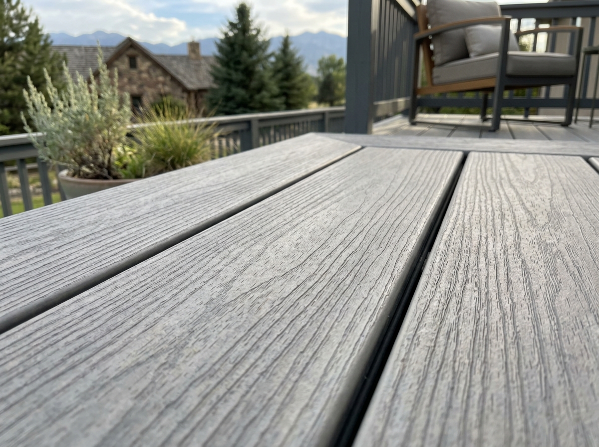 Close-up of Sea Salt Gray Prime+ boards showing the blended grain pattern in the afternoon sun - TimberTech EDGE colors