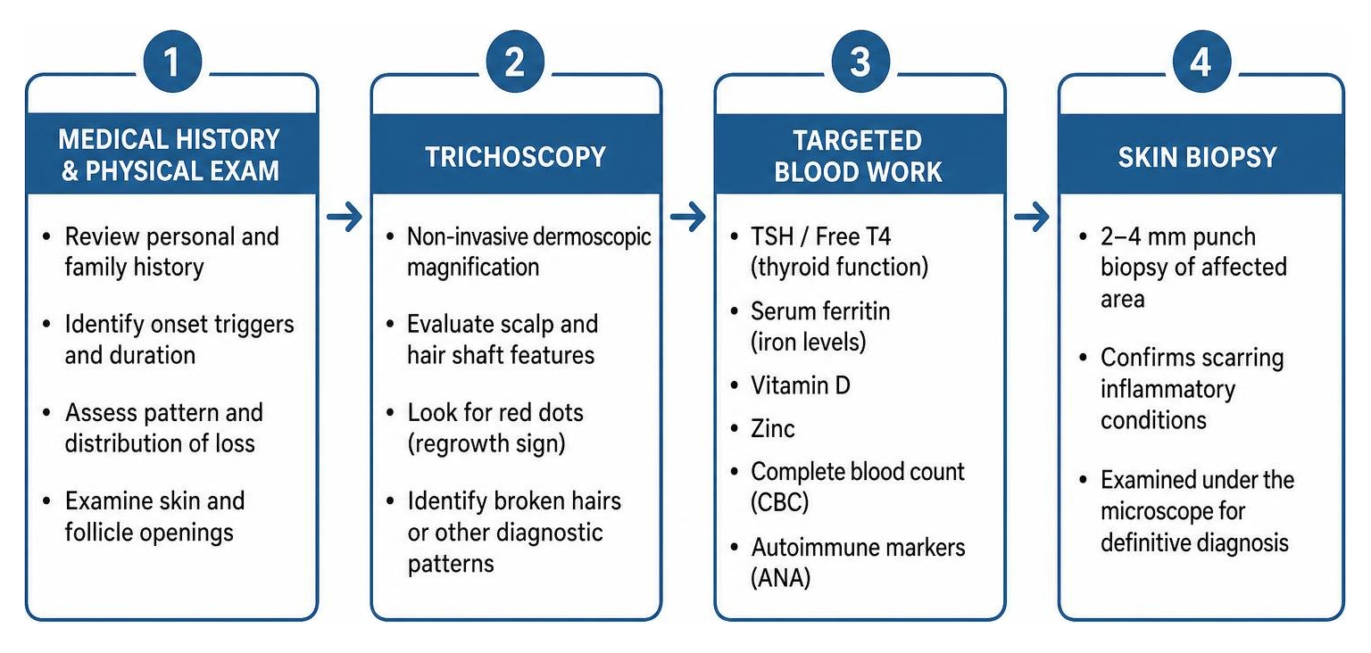 Diagram of dermatological diagnosis process for eyebrow loss involving history, trichoscopy, blood work, and biopsy