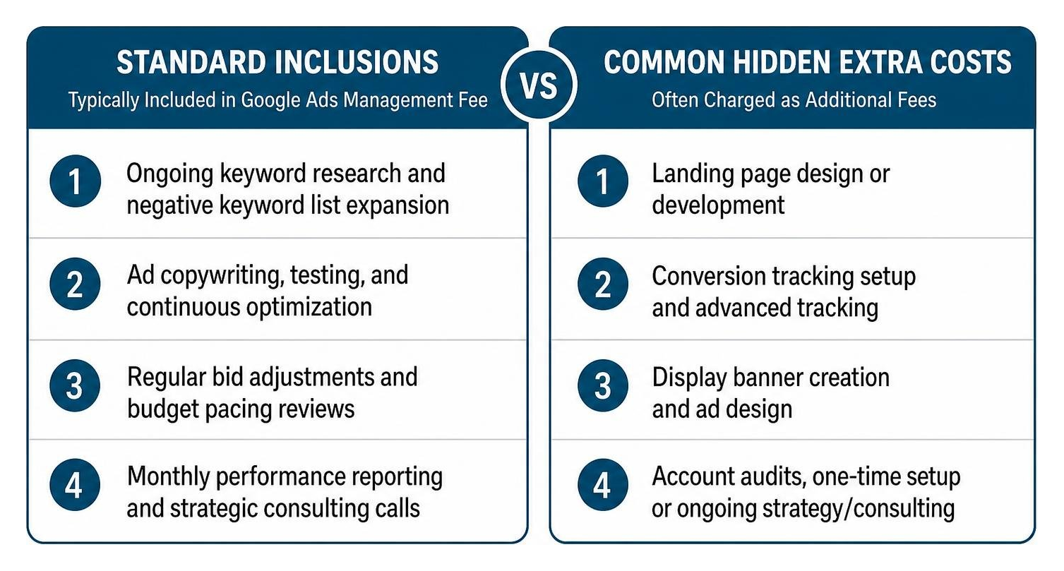 Diagram showing standard inclusions in a Google Ads fee vs common hidden extra costs