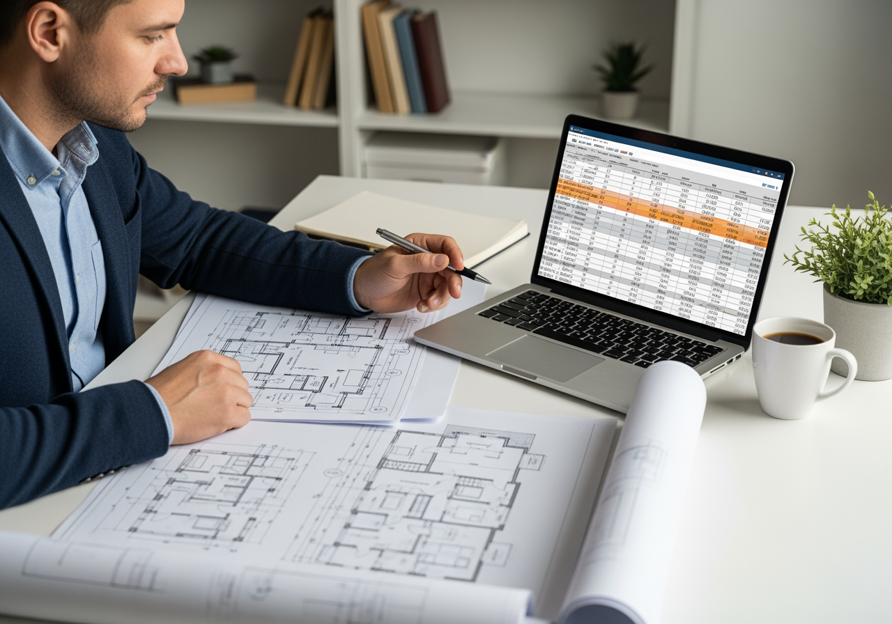 homeowner reviewing blueprints and a budget spreadsheet - home renovation