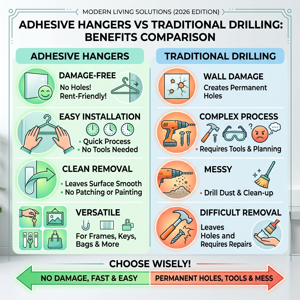 Benefits of adhesive hangers vs traditional drilling infographic - damage free wall hangers infographic 