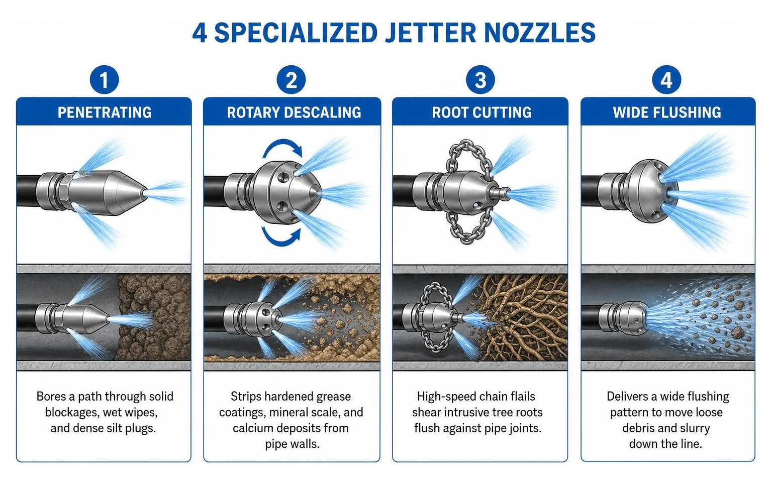 Diagram showing four specialized jetter nozzles: penetrating, rotary descaling, root cutting, and wide flushing Diagram showing four specialized jetter nozzles: penetrating, rotary descaling, root cutting, and wide flushing