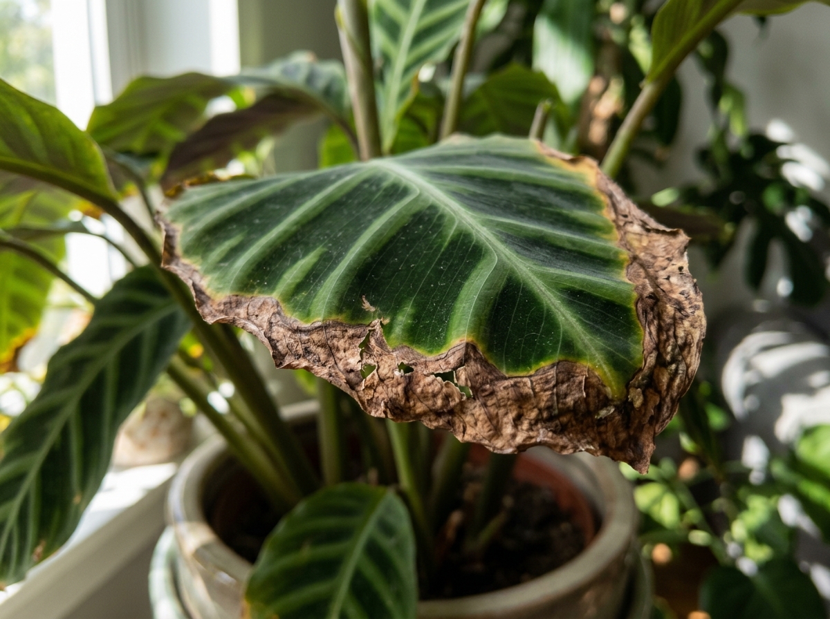 close up of brown crispy edges on a tropical plant leaf due to low humidity - humidifier for houseplants