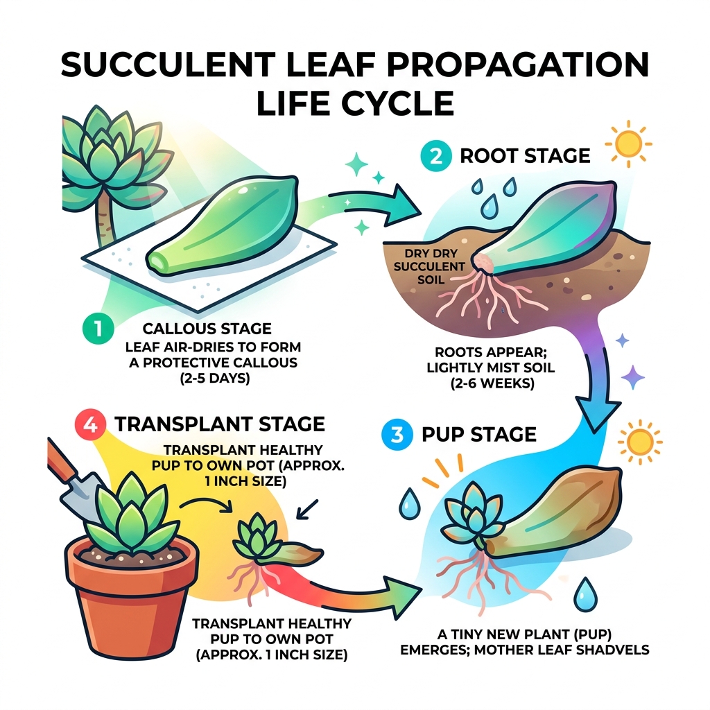 Succulent leaf to pup life cycle infographic showing callous, root, pup, and transplant stages - how to grow succulent from