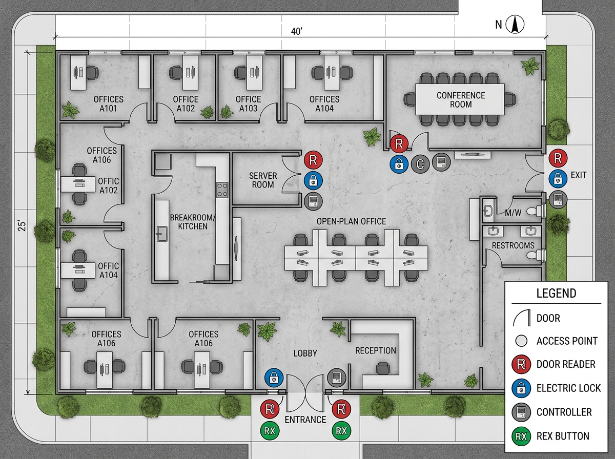 Facility floor plan with marked access points and hardware locations - door access control system installation