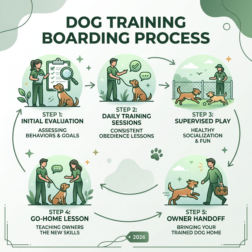 Infographic showing the dog training boarding process: evaluation, daily training sessions, supervised play, go-home lesson Infographic showing the dog training boarding process: evaluation, daily training sessions, supervised play, go-home lesson