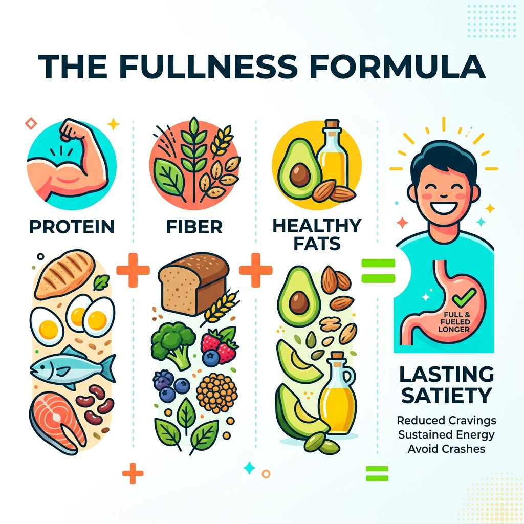 Infographic showing the Fullness Formula: Protein plus Fiber plus Healthy Fats equals lasting satiety - healthy meals and Infographic showing the Fullness Formula: Protein plus Fiber plus Healthy Fats equals lasting satiety - healthy meals and