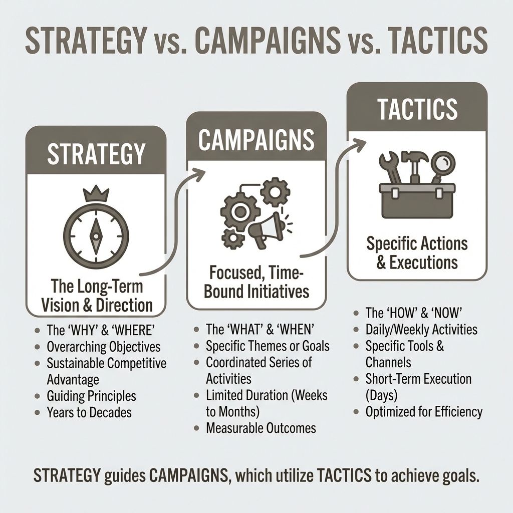 Infographic explaining the difference between Strategy, Campaigns, and Tactics - digital marketing strategy infographic 