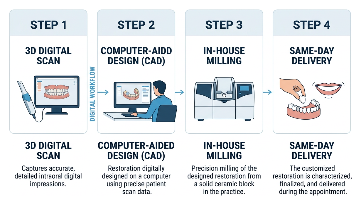 Dental workflow diagram showing 3D digital scan to in-house CAD/CAM restoration