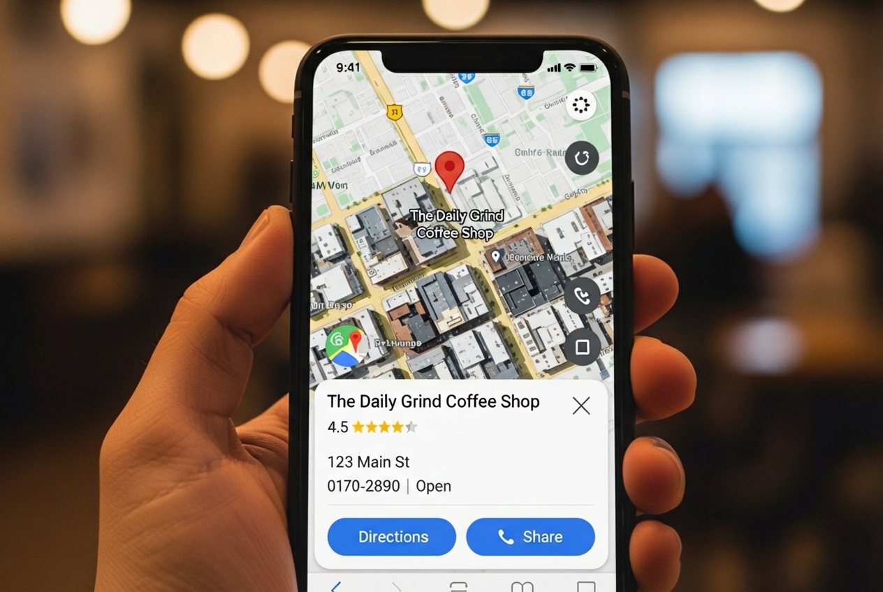 Google Maps search result on a smartphone showing a local business - local digital marketing solutions Google Maps Search Result On A Smartphone Showing A Local Business - Local Digital Marketing Solutions