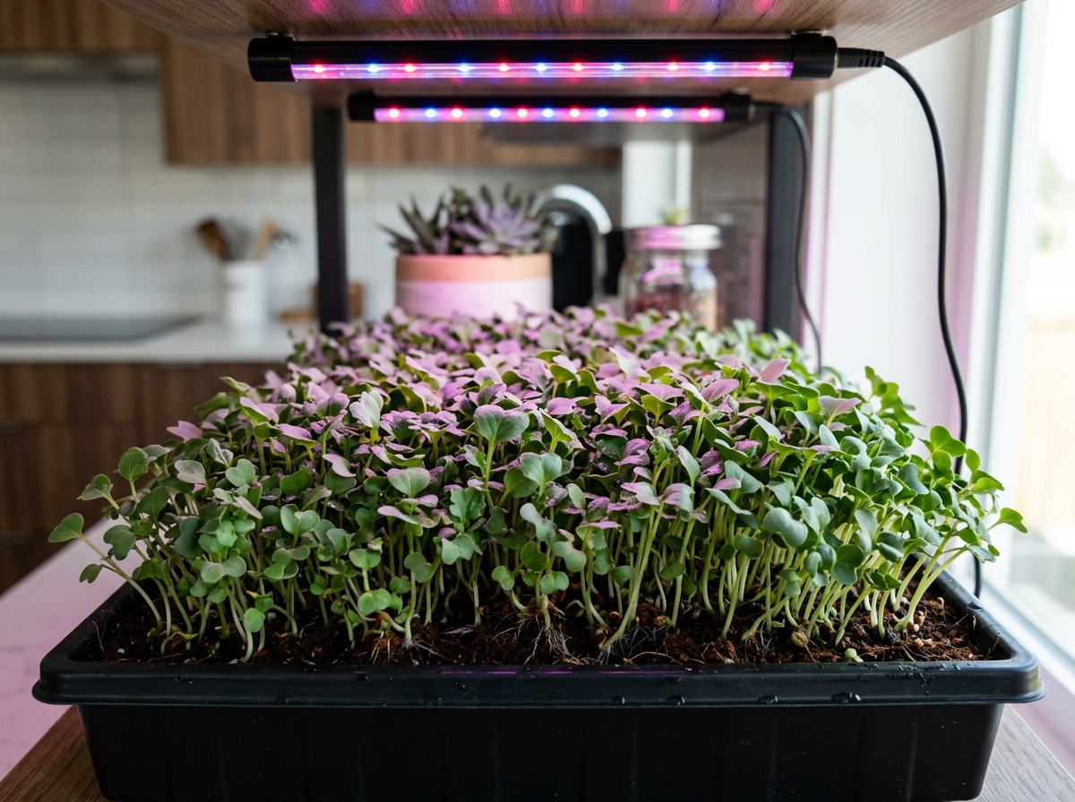 kale microgreens growing under pink and blue full-spectrum LED lights - kale microgreens nutrient dense
