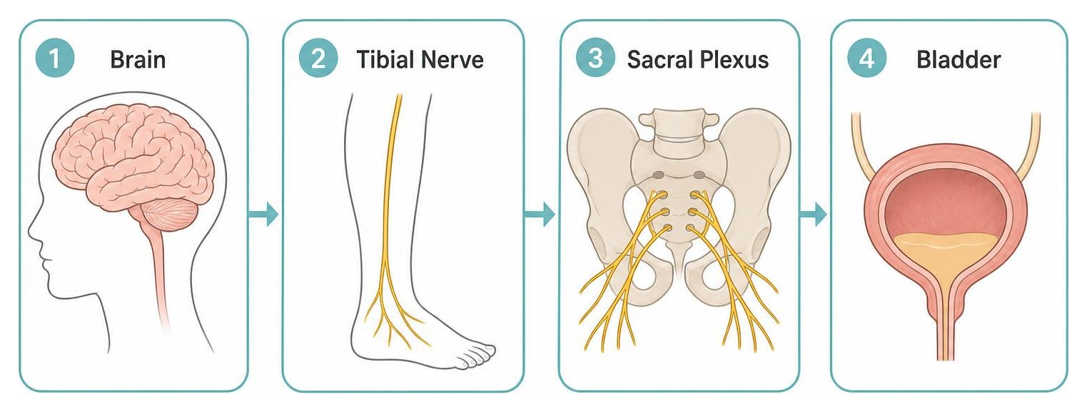 Nervous System Communication Pathway: Brain to Tibial Nerve to Sacral Plexus to Bladder