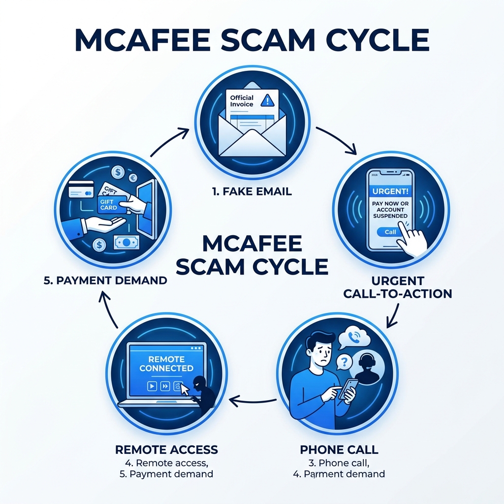 McAfee scam cycle infographic: fake email, urgent call-to-action, phone call, remote access, payment demand - mcafee scam McAfee scam cycle infographic: fake email, urgent call-to-action, phone call, remote access, payment demand - mcafee scam