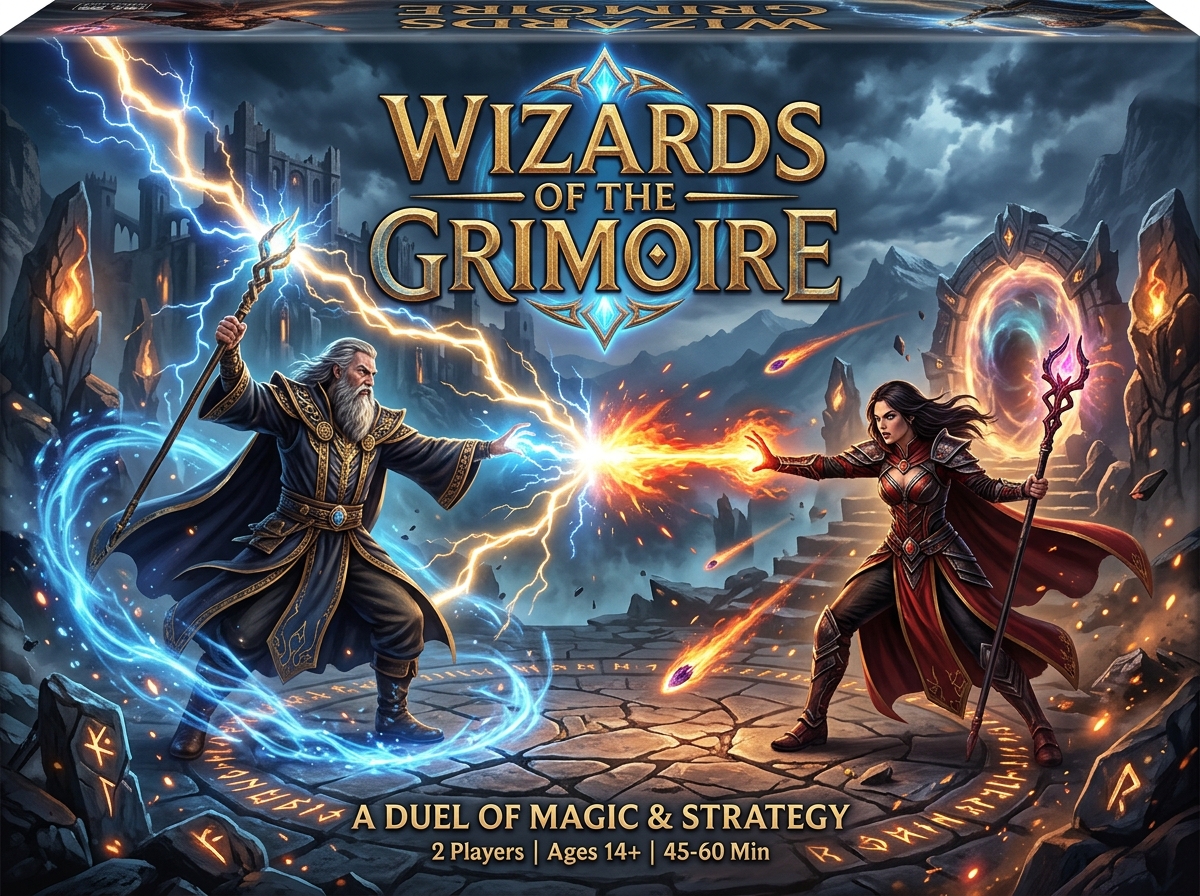 Wizards of the Grimoire box art showing two powerful mages clashing - wizard magic board games Wizards of the Grimoire box art showing two powerful mages clashing - wizard magic board games