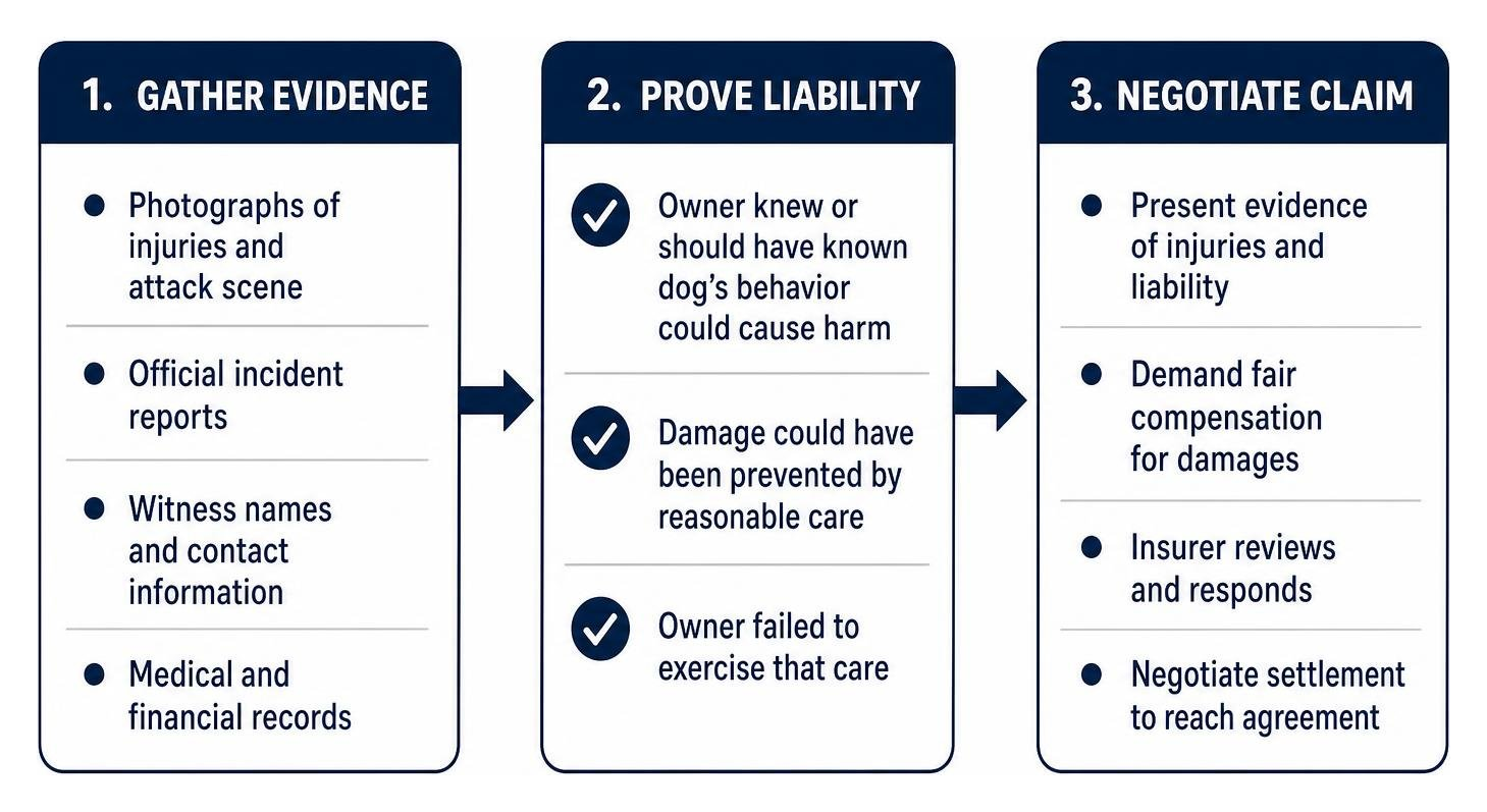 Process flow of gathering evidence, proving liability, and negotiating animal injury claims Process flow of gathering evidence, proving liability, and negotiating animal injury claims