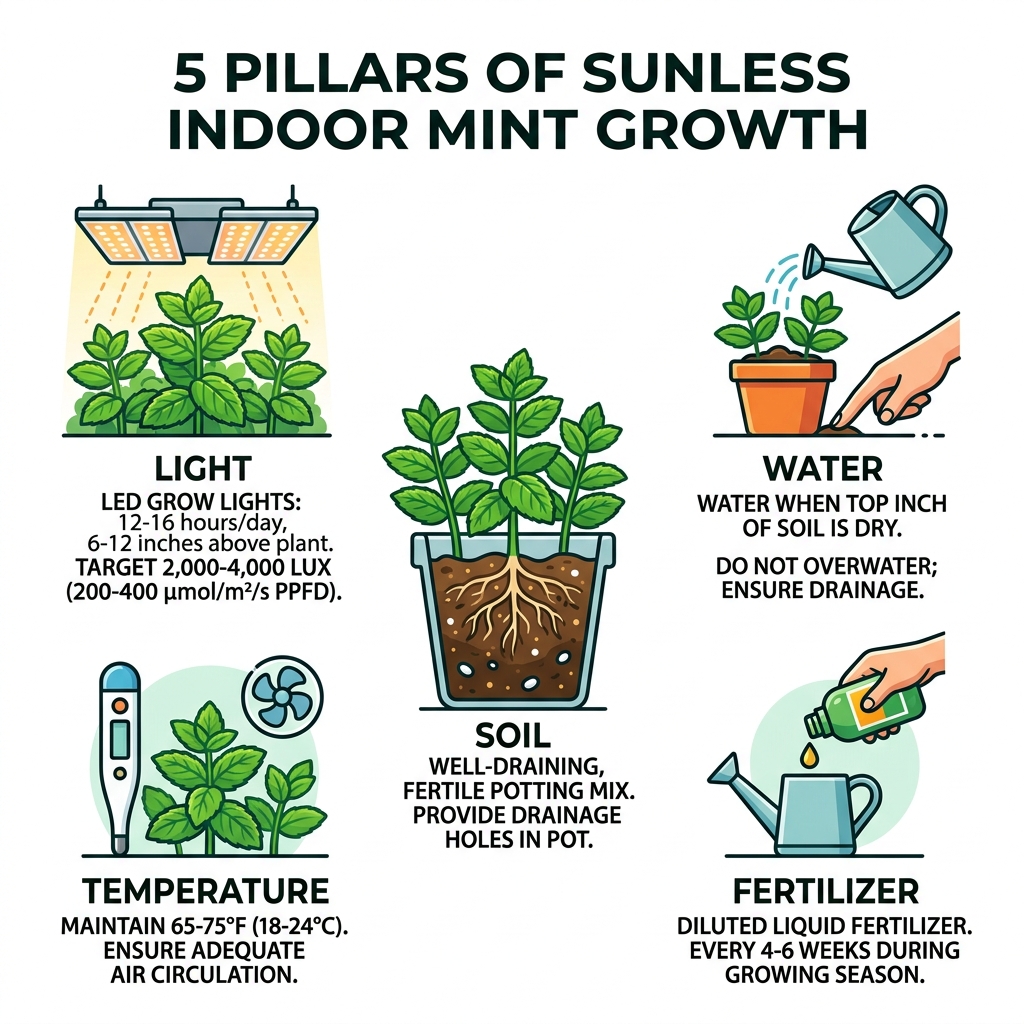 5 pillars of sunless indoor mint growth: light, water, soil, temperature, fertilizer - indoor mint growing without sun 5 pillars of sunless indoor mint growth: light, water, soil, temperature, fertilizer - indoor mint growing without sun