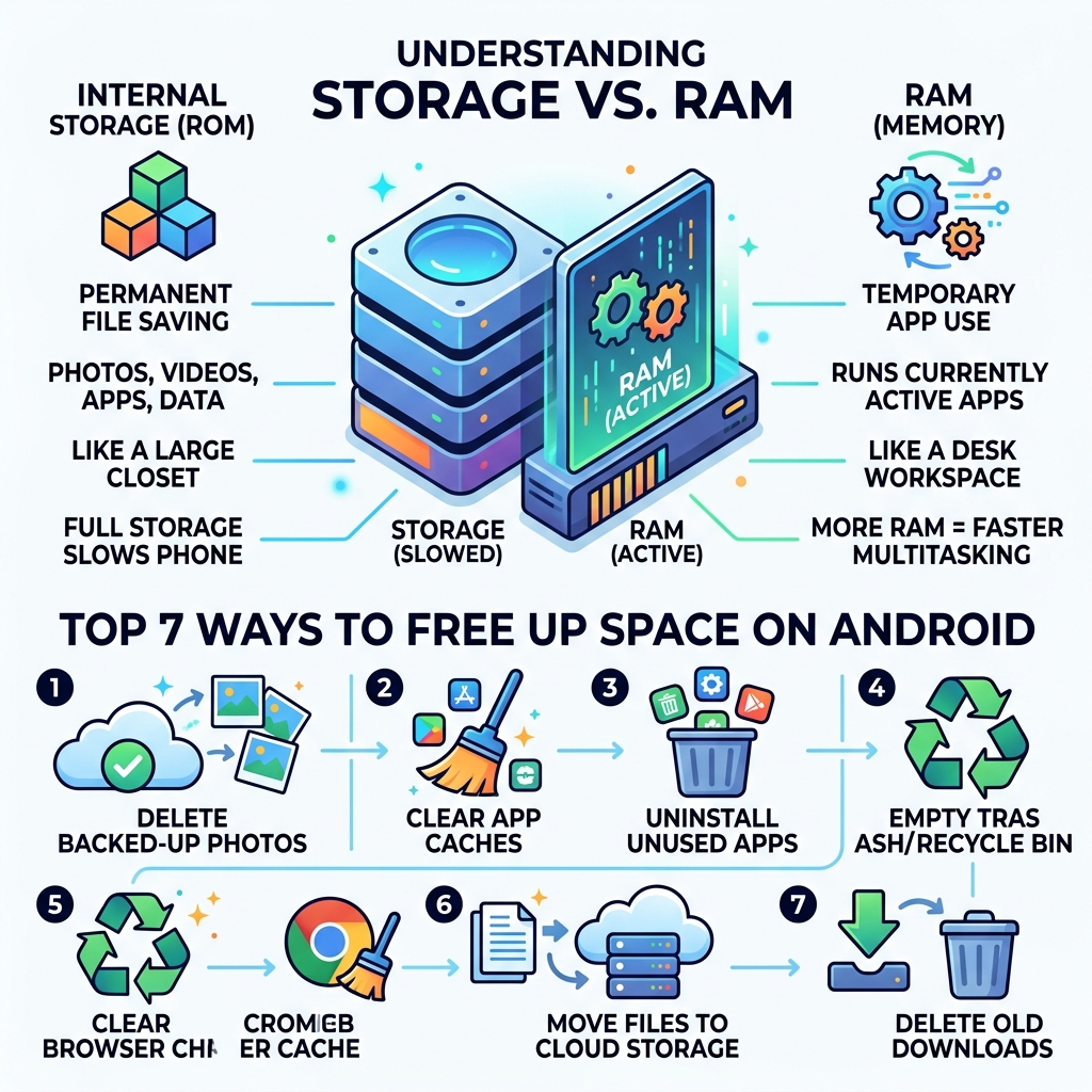 Infographic: Android storage vs RAM, and top 7 ways to free up space on Android - how to clean up space on android phone Infographic: Android storage vs RAM, and top 7 ways to free up space on Android - how to clean up space on android phone