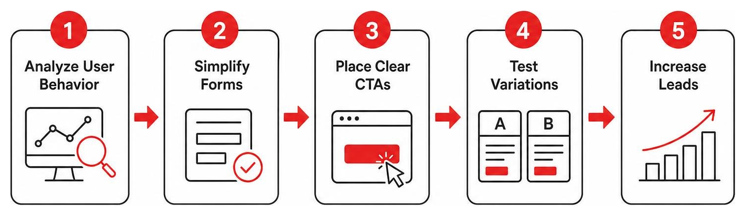 Conversion rate optimization process: analyze user behavior, simplify forms, place clear CTAs, test variations, increase Conversion rate optimization process: analyze user behavior, simplify forms, place clear CTAs, test variations, increase