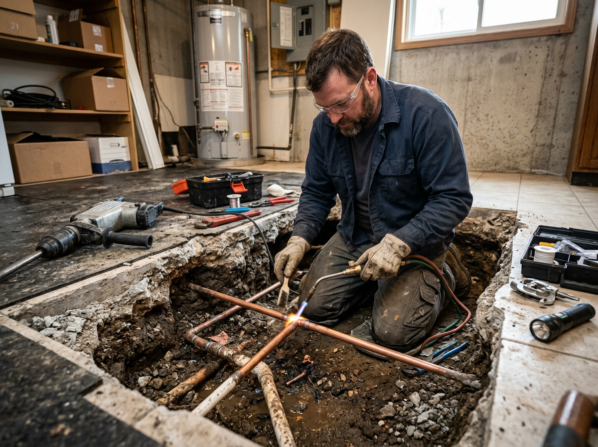 plumber repairing water pipe under concrete slab foundation plumber repairing water pipe under concrete slab foundation
